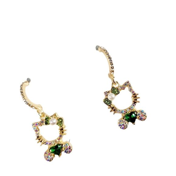 Brand New S925 Silver Rhinestone Hello Kitty Green Heart Earrings - Picture 1 of 6